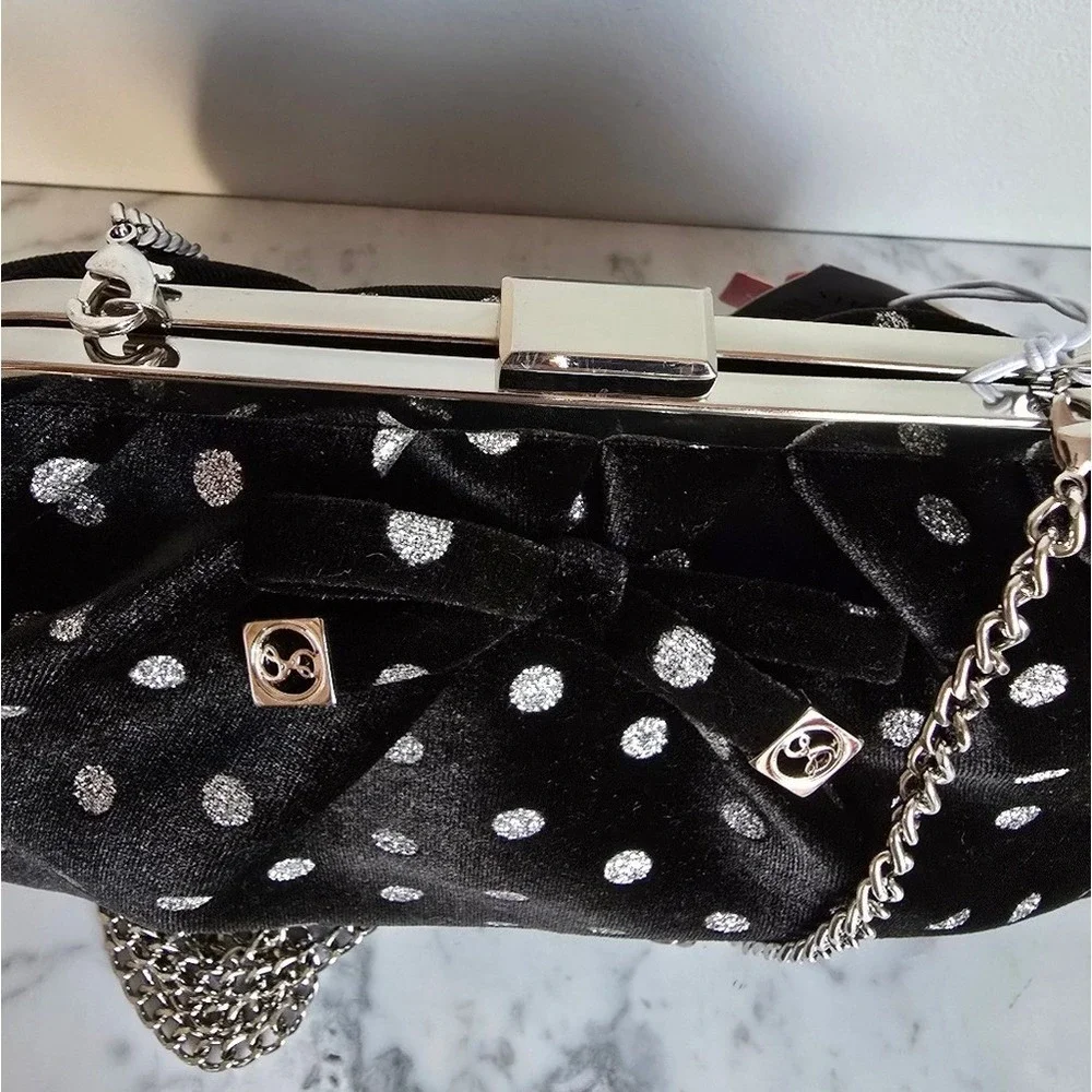 Sam & Libby New Brandi Velvet Black Polka Dot Bow Hobo Chain Crossbody Clutch